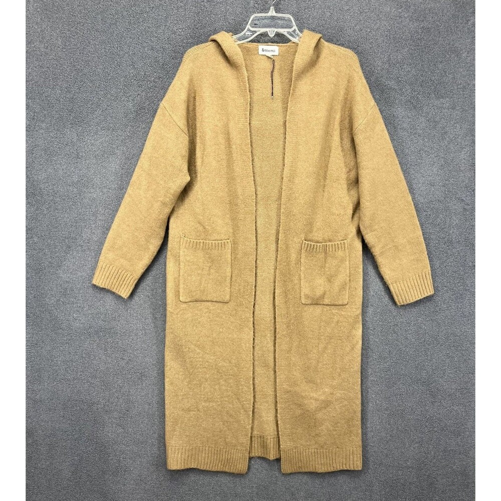 &merci Cardigan women Small Tan Hooded knit open front oversized‎ maxi soft